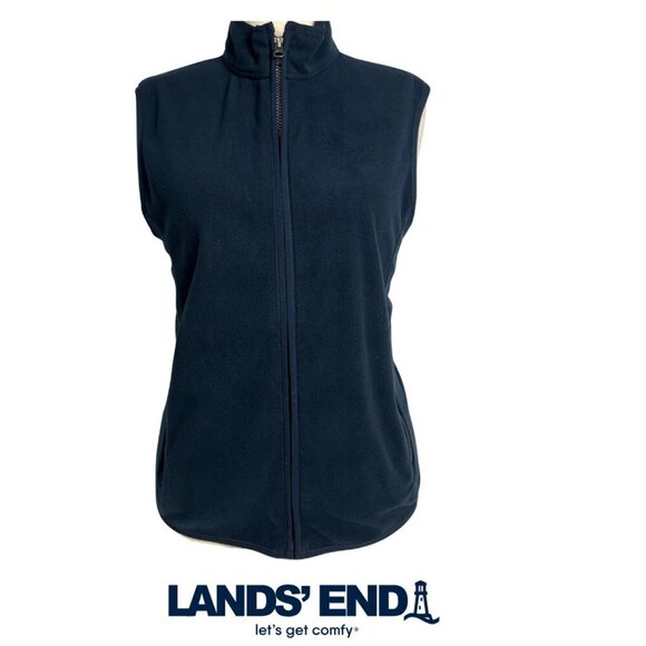 Lands' End Woman Size L Zip-Front Fleece Vest Long Navy Blue - Picture 1 of 9
